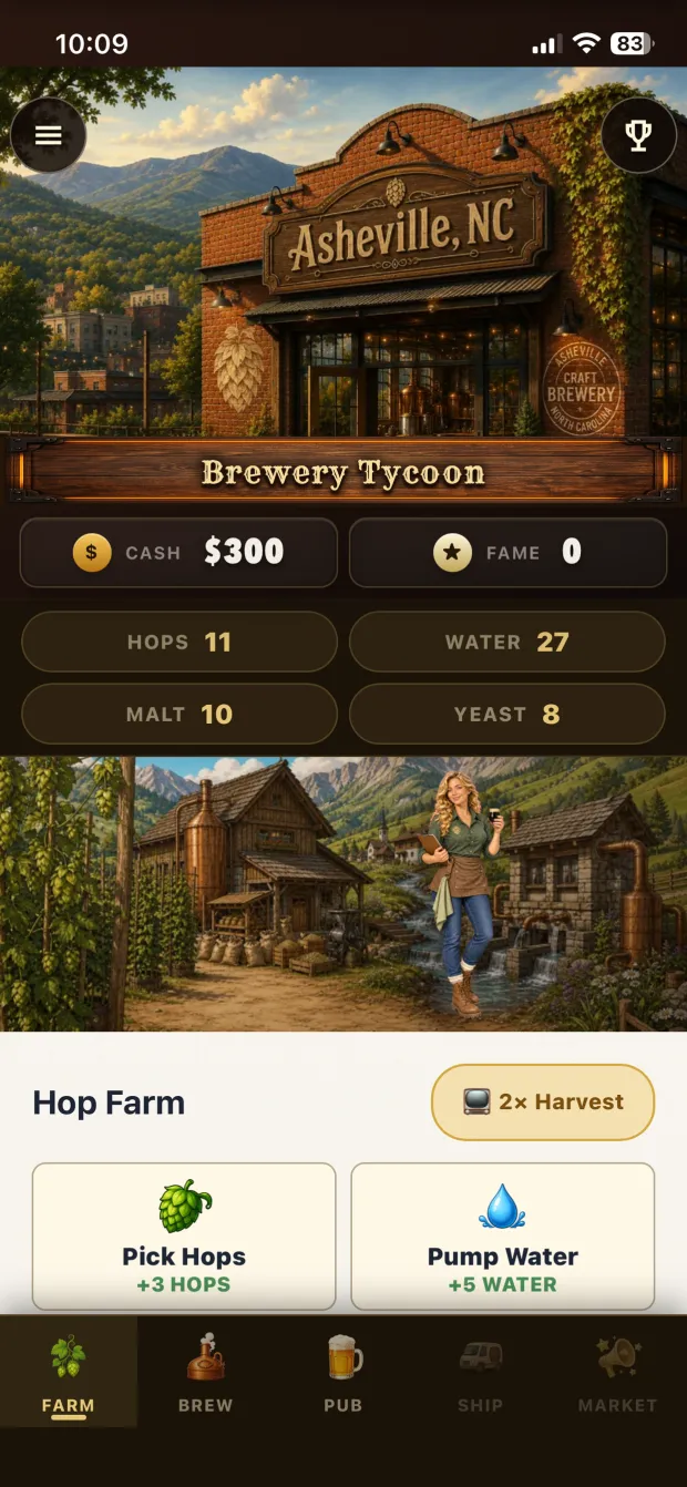Brewery Tycoon gameplay in Asheville: cash, fame, hops and the hop farm