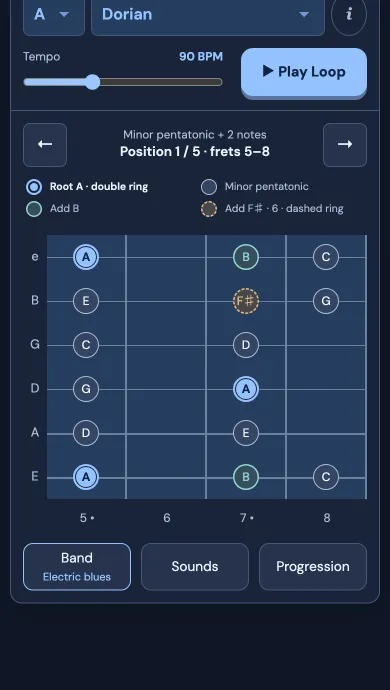 ChordCurrent Jam on a phone: Play Loop, tempo and a fretboard position